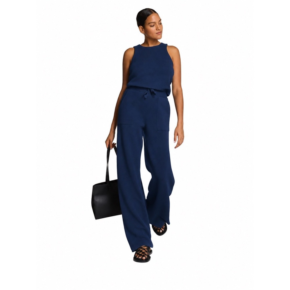 SPANX AirEssentials French Rib Sleeveless Jumpsuit Navy Petite S Wide Leg